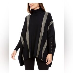 ALFANI Metallic Oversized Relaxed Striped Turtleneck Poncho Sweater